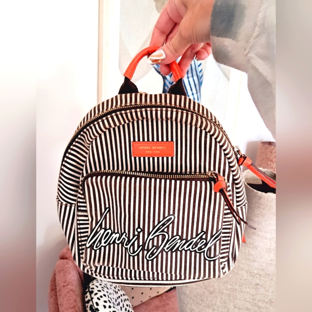 🤎RARE! HENRI BENDEL Canvas Striped Mini Backpack🤎adorable!